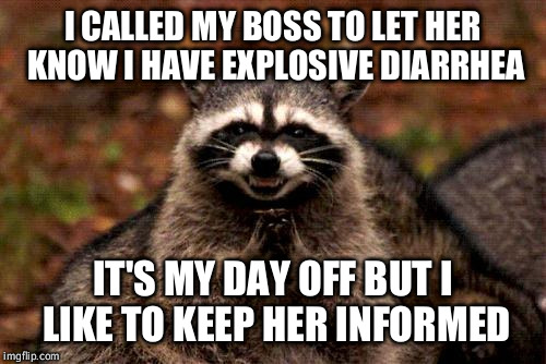 Evil Plotting Raccoon | I CALLED MY BOSS TO LET HER KNOW I HAVE EXPLOSIVE DIARRHEA IT'S MY DAY OFF BUT I LIKE TO KEEP HER INFORMED | image tagged in memes,evil plotting raccoon | made w/ Imgflip meme maker