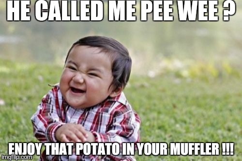 Evil Toddler | HE CALLED ME PEE WEE ? ENJOY THAT POTATO IN YOUR MUFFLER !!! | image tagged in memes,evil toddler | made w/ Imgflip meme maker