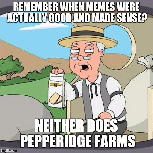 Pepperidge Farm Remembers | REMEMBER WHEN MEMES WERE ACTUALLY GOOD AND MADE SENSE? NEITHER DOES PEPPERIDGE FARMS | image tagged in memes,pepperidge farm remembers | made w/ Imgflip meme maker