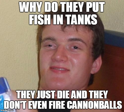 10 Guy is Smart | WHY DO THEY PUT FISH IN TANKS THEY JUST DIE AND THEY DON'T EVEN FIRE CANNONBALLS | image tagged in memes,10 guy,fish | made w/ Imgflip meme maker