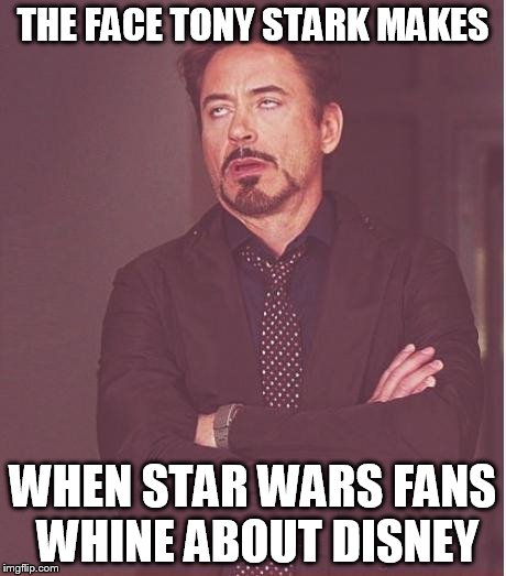 Face You Make Robert Downey Jr Meme | THE FACE TONY STARK MAKES WHEN STAR WARS FANS WHINE ABOUT DISNEY | image tagged in memes,face you make robert downey jr | made w/ Imgflip meme maker