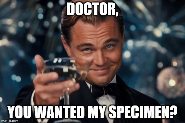 no plastic cup will do | DOCTOR, YOU WANTED MY SPECIMEN? | image tagged in memes,leonardo dicaprio cheers | made w/ Imgflip meme maker