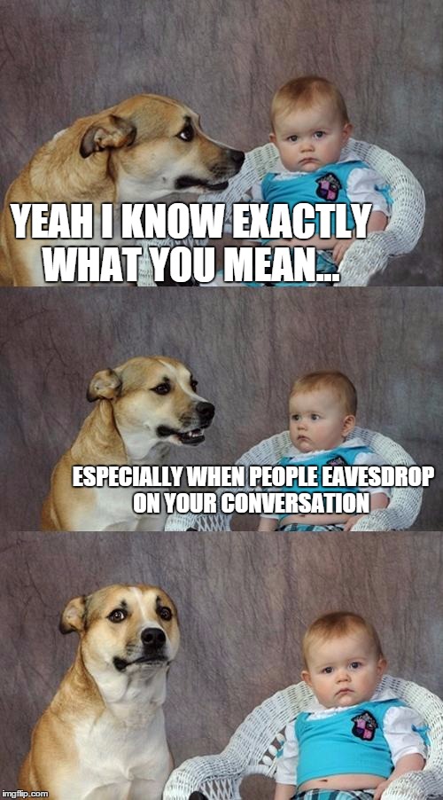 Dad Joke Dog Meme | YEAH I KNOW EXACTLY WHAT YOU MEAN... ESPECIALLY WHEN PEOPLE EAVESDROP ON YOUR CONVERSATION | image tagged in memes,dad joke dog | made w/ Imgflip meme maker