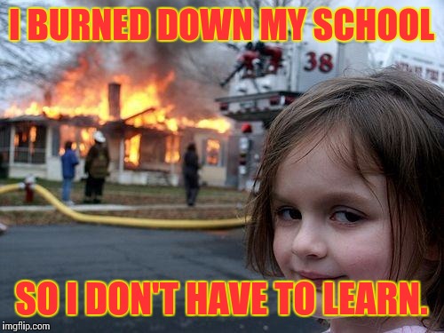 Disaster Girl Meme | I BURNED DOWN MY SCHOOL SO I DON'T HAVE TO LEARN. | image tagged in memes,disaster girl | made w/ Imgflip meme maker