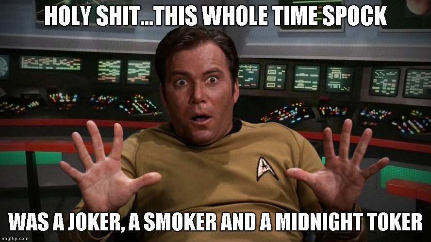 Captain Kirk | HOLY SHIT...THIS WHOLE TIME SPOCK WAS A JOKER, A SMOKER AND A MIDNIGHT TOKER | image tagged in captain kirk | made w/ Imgflip meme maker