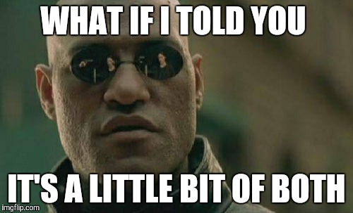 Matrix Morpheus Meme | WHAT IF I TOLD YOU IT'S A LITTLE BIT OF BOTH | image tagged in memes,matrix morpheus | made w/ Imgflip meme maker