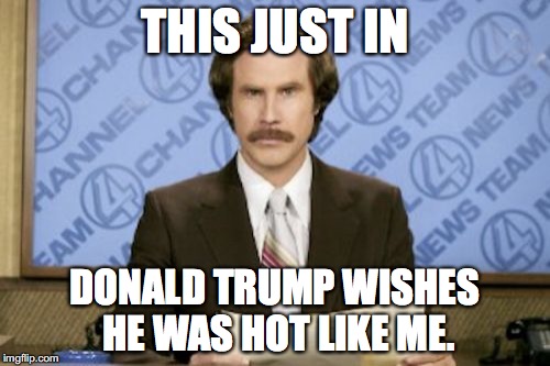 Donald is my Byotch | THIS JUST IN DONALD TRUMP WISHES HE WAS HOT LIKE ME. | image tagged in memes,ron burgundy,donald trump | made w/ Imgflip meme maker