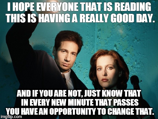 X files | I HOPE EVERYONE THAT IS READING THIS IS HAVING A REALLY GOOD DAY. AND IF YOU ARE NOT, JUST KNOW THAT IN EVERY NEW MINUTE THAT PASSES YOU HAV | image tagged in gilliananderson | made w/ Imgflip meme maker
