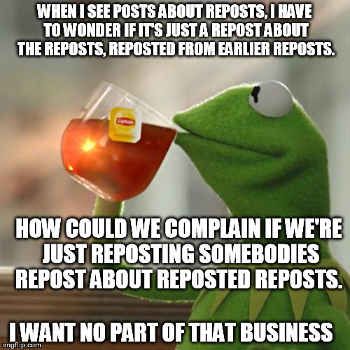 But That's None Of My Business Meme | WHEN I SEE POSTS ABOUT REPOSTS, I HAVE TO WONDER IF IT'S JUST A REPOST ABOUT THE REPOSTS, REPOSTED FROM EARLIER REPOSTS. HOW COULD WE COMPLA | image tagged in memes,but thats none of my business,kermit the frog | made w/ Imgflip meme maker