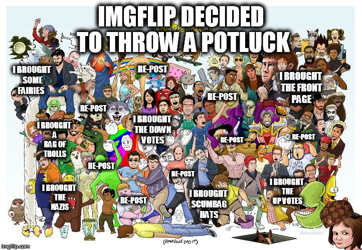 Potluck for the memers | IMGFLIP DECIDED TO THROW A POTLUCK I BROUGHT SOME FAIRIES I BROUGHT THE FRONT PAGE I BROUGHT THE DOWN VOTES I BROUGHT THE UP VOTES I BROUGHT | image tagged in potluck,upvote,downvote fairy,front page,repost,grammar nazi | made w/ Imgflip meme maker