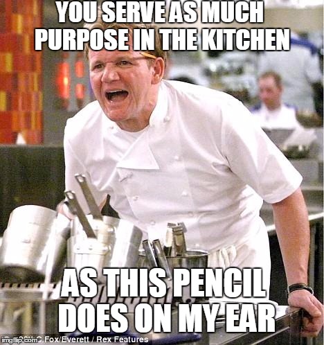 Chef Gordon Ramsay | YOU SERVE AS MUCH PURPOSE IN THE KITCHEN AS THIS PENCIL DOES ON MY EAR | image tagged in memes,chef gordon ramsay | made w/ Imgflip meme maker