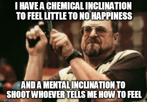 Am I The Only One Around Here Meme | I HAVE A CHEMICAL INCLINATION TO FEEL LITTLE TO NO HAPPINESS AND A MENTAL INCLINATION TO SHOOT WHOEVER TELLS ME HOW TO FEEL | image tagged in memes,am i the only one around here | made w/ Imgflip meme maker