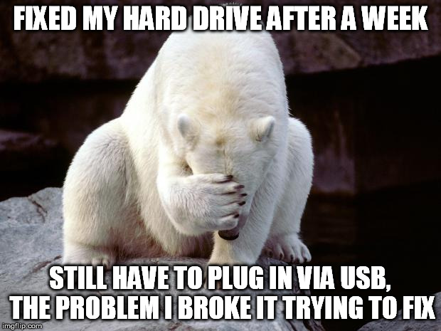 Computer problem solved, computer troubles persist | FIXED MY HARD DRIVE AFTER A WEEK STILL HAVE TO PLUG IN VIA USB, THE PROBLEM I BROKE IT TRYING TO FIX | image tagged in sad polar bear,computer,computers/electronics,problems | made w/ Imgflip meme maker