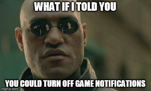 Matrix Morpheus Meme | WHAT IF I TOLD YOU YOU COULD TURN OFF GAME NOTIFICATIONS | image tagged in memes,matrix morpheus | made w/ Imgflip meme maker