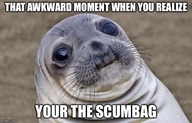 Awkward Moment Sealion | THAT AWKWARD MOMENT WHEN YOU REALIZE YOUR THE SCUMBAG | image tagged in memes,awkward moment sealion | made w/ Imgflip meme maker