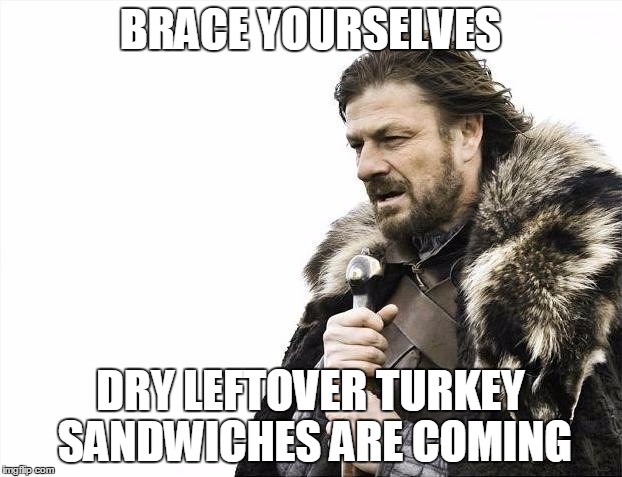 Brace Yourselves X is Coming | BRACE YOURSELVES DRY LEFTOVER TURKEY SANDWICHES ARE COMING | image tagged in memes,brace yourselves x is coming | made w/ Imgflip meme maker