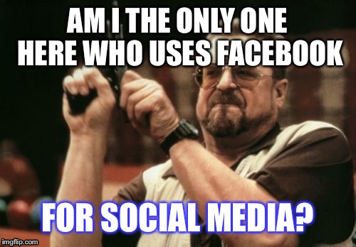 LOL not so funny. :) 

(Take that you image flipping fatherless children! Jk :D) | AM I THE ONLY ONE HERE WHO USES FACEBOOK FOR SOCIAL MEDIA? | image tagged in memes,am i the only one around here | made w/ Imgflip meme maker