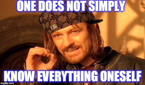 One Does Not Simply Meme | ONE DOES NOT SIMPLY KNOW EVERYTHING ONESELF | image tagged in memes,one does not simply,scumbag | made w/ Imgflip meme maker