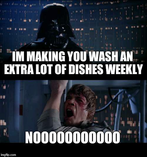 Dishes | IM MAKING YOU WASH AN EXTRA LOT OF DISHES WEEKLY NOOOOOOOOOOO | image tagged in memes,star wars no | made w/ Imgflip meme maker