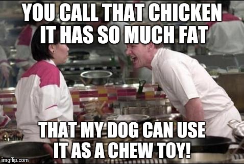 Gordon ramsay at it again | YOU CALL THAT CHICKEN IT HAS SO MUCH FAT THAT MY DOG CAN USE IT AS A CHEW TOY! | image tagged in memes,angry chef gordon ramsay | made w/ Imgflip meme maker