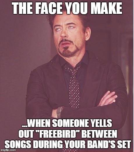 Local Concert Annoyance | THE FACE YOU MAKE ...WHEN SOMEONE YELLS OUT "FREEBIRD" BETWEEN SONGS DURING YOUR BAND'S SET | image tagged in memes,face you make robert downey jr,music | made w/ Imgflip meme maker