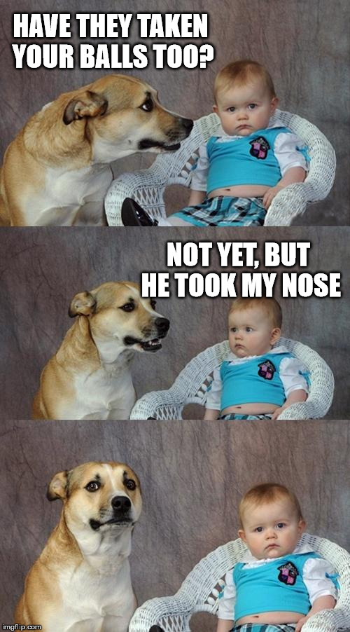 Dad Joke Dog Meme | HAVE THEY TAKEN YOUR BALLS TOO? NOT YET, BUT HE TOOK MY NOSE | image tagged in memes,dad joke dog | made w/ Imgflip meme maker