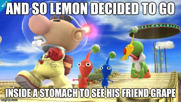 yoshi likes pikmin | AND SO LEMON DECIDED TO GO INSIDE A STOMACH TO SEE HIS FRIEND GRAPE | image tagged in yoshi likes pikmin | made w/ Imgflip meme maker