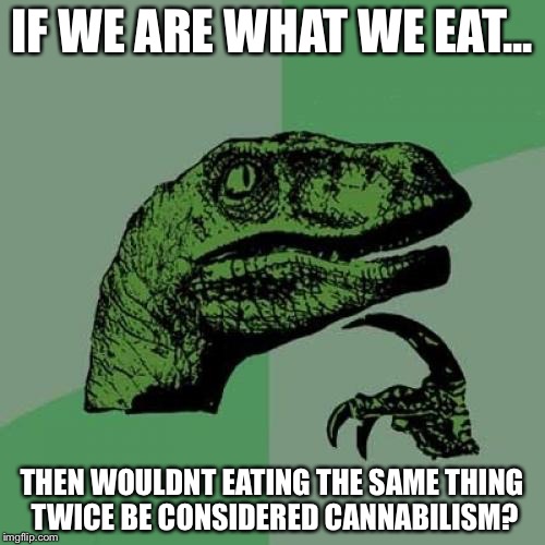 Philosoraptor | IF WE ARE WHAT WE EAT... THEN WOULDNT EATING THE SAME THING TWICE BE CONSIDERED CANNABILISM? | image tagged in memes,philosoraptor | made w/ Imgflip meme maker