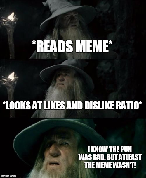 Confused Gandalf Meme | *READS MEME* *LOOKS AT LIKES AND DISLIKE RATIO* I KNOW THE PUN WAS BAD, BUT ATLEAST THE MEME WASN'T! | image tagged in memes,confused gandalf | made w/ Imgflip meme maker