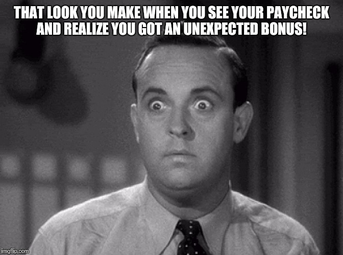 shocked face | THAT LOOK YOU MAKE WHEN YOU SEE YOUR PAYCHECK AND REALIZE YOU GOT AN UNEXPECTED BONUS! | image tagged in shocked face | made w/ Imgflip meme maker