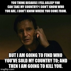 Liam Neeson Taken Meme | YOU THINK BECAUSE I FELL ASLEEP YOU CAN TAKE MY COUNTRY? I DON'T KNOW WHO YOU ARE. I DON'T KNOW WHERE YOU COME FROM. BUT I AM GOING TO FIND  | image tagged in memes,liam neeson taken | made w/ Imgflip meme maker