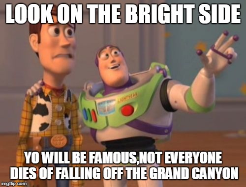 X, X Everywhere | LOOK ON THE BRIGHT SIDE YO WILL BE FAMOUS,NOT EVERYONE DIES OF FALLING OFF THE GRAND CANYON | image tagged in memes,x x everywhere | made w/ Imgflip meme maker