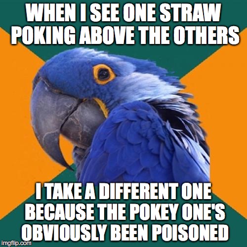 Paranoid Parrot | WHEN I SEE ONE STRAW POKING ABOVE THE OTHERS I TAKE A DIFFERENT ONE BECAUSE THE POKEY ONE'S OBVIOUSLY BEEN POISONED | image tagged in memes,paranoid parrot,AdviceAnimals | made w/ Imgflip meme maker