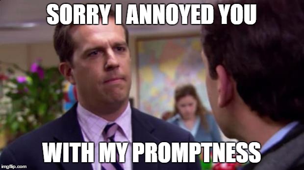 Sorry I annoyed you | SORRY I ANNOYED YOU WITH MY PROMPTNESS | image tagged in sorry i annoyed you,AdviceAnimals | made w/ Imgflip meme maker