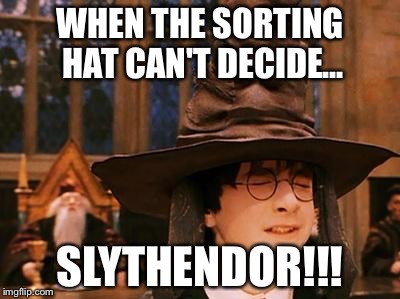 Harry Potter Hat | WHEN THE SORTING HAT CAN'T DECIDE... SLYTHENDOR!!! | image tagged in harry potter hat | made w/ Imgflip meme maker