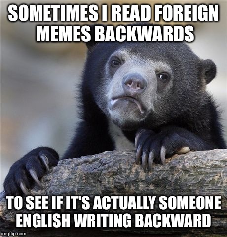 Confession Bear | SOMETIMES I READ FOREIGN MEMES BACKWARDS TO SEE IF IT'S ACTUALLY SOMEONE ENGLISH WRITING BACKWARD | image tagged in memes,confession bear | made w/ Imgflip meme maker