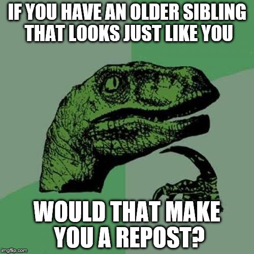 Philosoraptor Meme | IF YOU HAVE AN OLDER SIBLING THAT LOOKS JUST LIKE YOU WOULD THAT MAKE YOU A REPOST? | image tagged in memes,philosoraptor | made w/ Imgflip meme maker