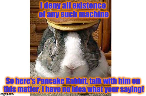 Pancake bunny | I deny all existence of any such machine So here's Pancake Rabbit, talk with him on this matter, I have no idea what your saying! | image tagged in pancake bunny | made w/ Imgflip meme maker