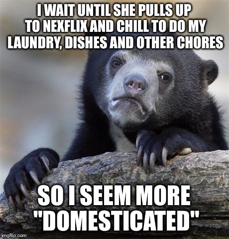 Confession Bear Meme | I WAIT UNTIL SHE PULLS UP TO NEXFLIX AND CHILL TO DO MY LAUNDRY, DISHES AND OTHER CHORES SO I SEEM MORE "DOMESTICATED" | image tagged in memes,confession bear | made w/ Imgflip meme maker