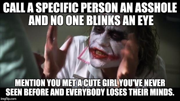 And everybody loses their minds Meme | CALL A SPECIFIC PERSON AN ASSHOLE AND NO ONE BLINKS AN EYE MENTION YOU MET A CUTE GIRL YOU'VE NEVER SEEN BEFORE AND EVERYBODY LOSES THEIR MI | image tagged in memes,and everybody loses their minds | made w/ Imgflip meme maker