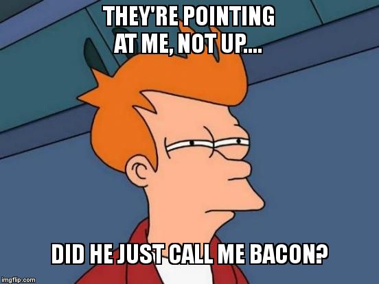 Futurama Fry Meme | THEY'RE POINTING AT ME, NOT UP.... DID HE JUST CALL ME BACON? | image tagged in memes,futurama fry | made w/ Imgflip meme maker