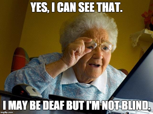 Grandma Finds The Internet Meme | YES, I CAN SEE THAT. I MAY BE DEAF BUT I'M NOT BLIND. | image tagged in memes,grandma finds the internet | made w/ Imgflip meme maker