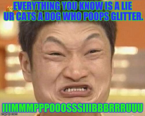 Impossibru Guy Original Meme | EVERYTHING YOU KNOW IS A LIE UR CATS A DOG WHO POOPS GLITTER. IIIMMMPPPOOOSSSIIIBBBRRRUUU | image tagged in memes,impossibru guy original | made w/ Imgflip meme maker