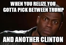 Kevin Hart | WHEN YOU RELIZE YOU GOTTA PICK BETWEEN TRUMP AND ANOTHER CLINTON | image tagged in memes,kevin hart the hell | made w/ Imgflip meme maker