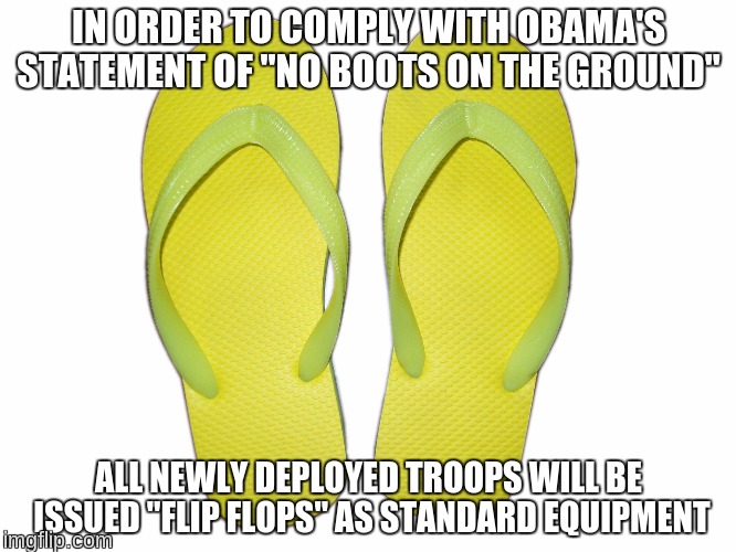 Flip Flops | IN ORDER TO COMPLY WITH OBAMA'S STATEMENT OF "NO BOOTS ON THE GROUND" ALL NEWLY DEPLOYED TROOPS WILL BE ISSUED "FLIP FLOPS" AS STANDARD EQUI | image tagged in flip flops | made w/ Imgflip meme maker