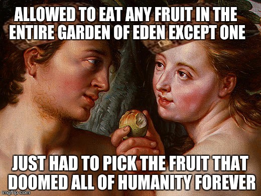 Really, guys? REALLY? | ALLOWED TO EAT ANY FRUIT IN THE ENTIRE GARDEN OF EDEN EXCEPT ONE JUST HAD TO PICK THE FRUIT THAT DOOMED ALL OF HUMANITY FOREVER | image tagged in scumbag,adam and eve,religion,christianity,fail | made w/ Imgflip meme maker