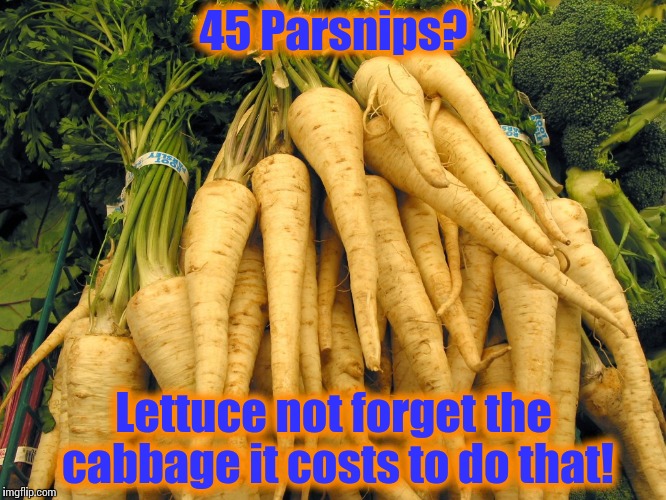45 Parsnips? Lettuce not forget the cabbage it costs to do that! | image tagged in parsnips | made w/ Imgflip meme maker