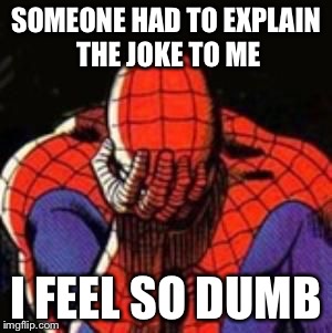 Spiderman facepalm | SOMEONE HAD TO EXPLAIN THE JOKE TO ME I FEEL SO DUMB | image tagged in spiderman facepalm | made w/ Imgflip meme maker