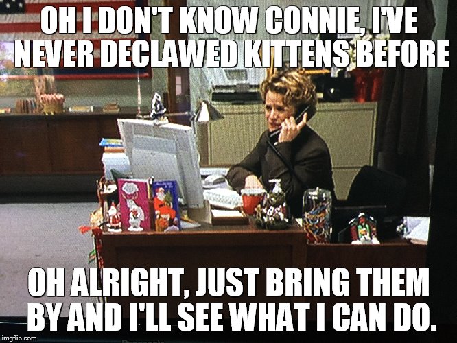 OH I DON'T KNOW CONNIE, I'VE NEVER DECLAWED KITTENS BEFORE OH ALRIGHT, JUST BRING THEM BY AND I'LL SEE WHAT I CAN DO. | image tagged in elf,quotes | made w/ Imgflip meme maker