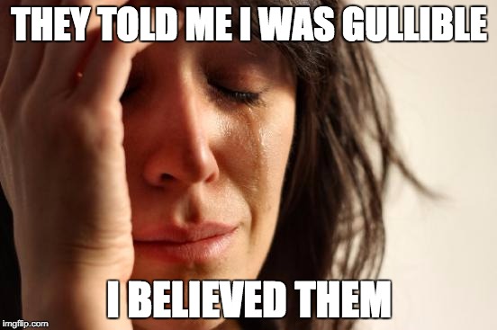 First World Problems Meme | THEY TOLD ME I WAS GULLIBLE I BELIEVED THEM | image tagged in memes,first world problems | made w/ Imgflip meme maker